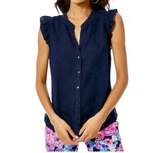 LILLY PULITZER Linen Briette Button Down Top XS Navy Blue Flutter Sleeve